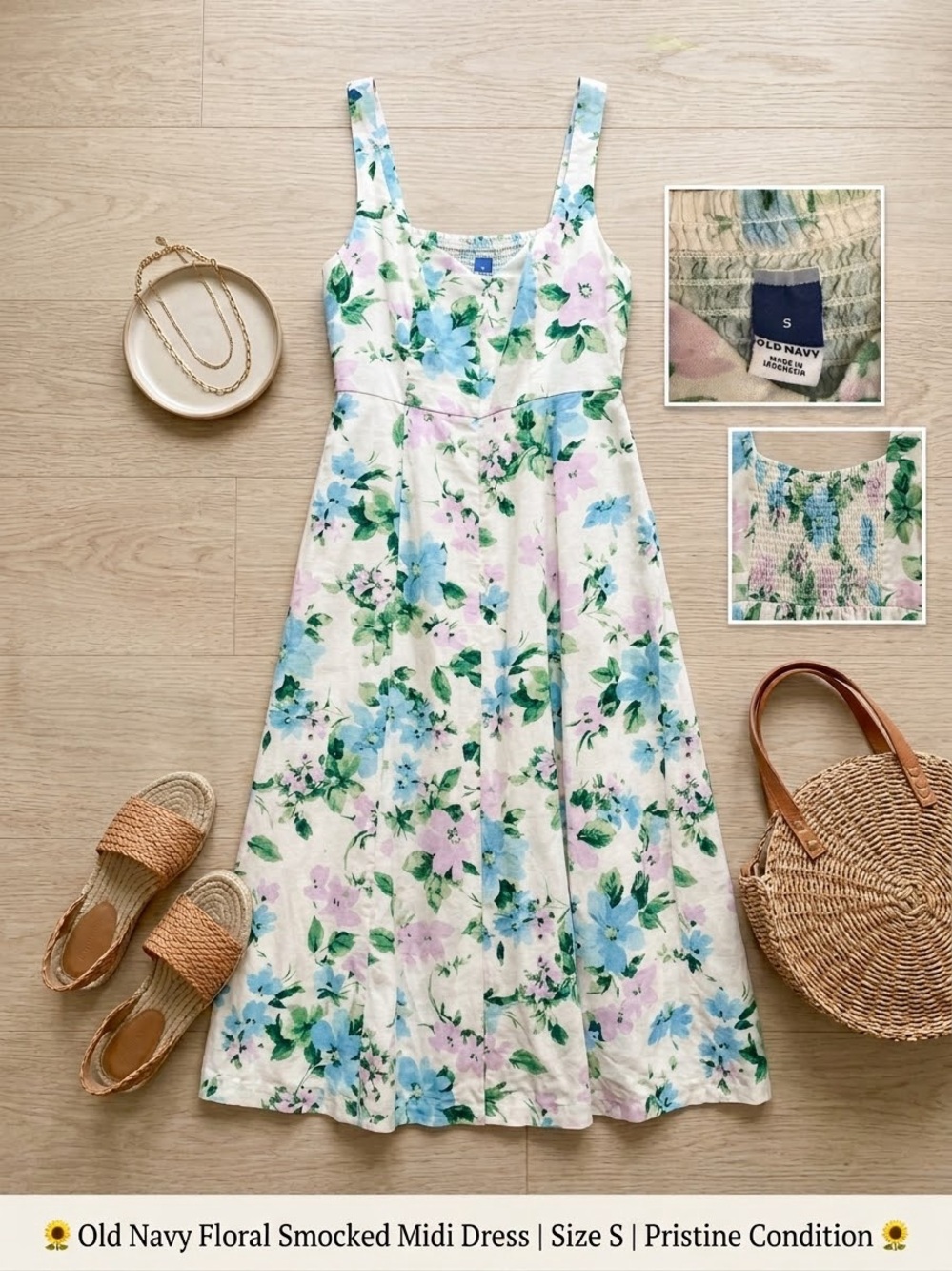 Old Navy White Floral Midi Dress with Blue & Pink Flowers